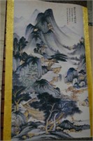 Oriental scroll - block printed on material,