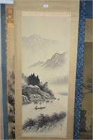 Oriental scroll - river scene with fishing boat