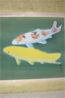 Oriental scroll - image of 2 carp painted on silk,