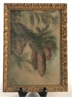 Antique Framed Oil Painting "Pinecones" Signed ELC