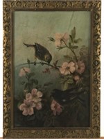 Antique Oil Painting of Bird on Flowering Branch