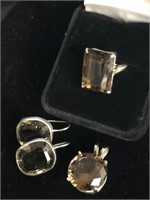 Sterling Smokey Quartz Ring, Earrings & Pendant
