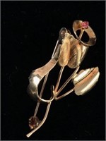 18k Gold Handmade Estate Brooch with Ruby Stone