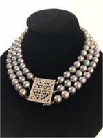 3 Strand Grey Pearls w/ Fabulous Diamond Clasp