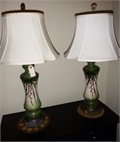 Pair of floral painted font table lamps with