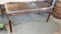 GLASS TOPPED WOOD TABLE 65" X 32" X 30" HIGH