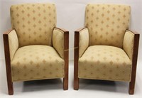 Pair Art Deco Upholstered Wood Arm Club Chairs
