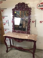 Carved Marble Top Foyer Table w/ Decorative Mirror
