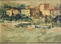 70s French Impressionist Painting Hillside Village