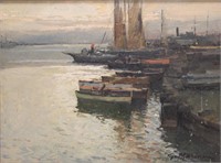 Fishing vessels in Harbor Oil Painting on Canvas