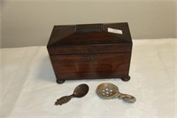 Victorian rosewood tea caddy plus two spoons