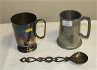 1 Pewter & 1 plated tankard plus serving spoon