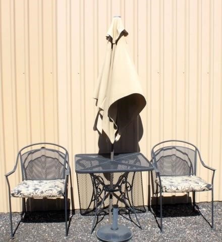 Iron Patio Table, 2-Chairs, Umbrella