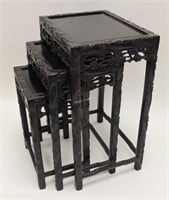 Chinese Hongmu Nest of Three Floral Carved Tables