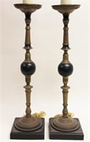 Pair Antique Brass Pricket Candle Holders Lamps