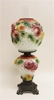 19C Oil Lamp Puffy Pairpoint Rose & Trellis Glass