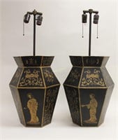 Pair Chinoiserie Tole Ware Lamps Woman Opium Pipe