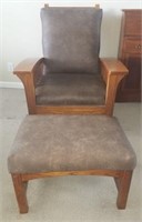 Wood Arm Chair and Ottomon w/ Leather Type Cushion
