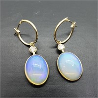 $2700 14K  Opal(14.9ct) Diamond(0.38ct) Hoop Earri