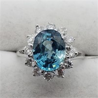 $5950 10K  Rare Blue Zircon(3.7ct) 12 Diamonds(0.8