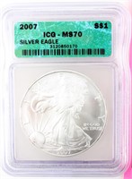 Coin 2007 Silver Eagle Certified ICG MS70