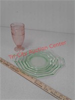 Pink ice cream sundae glass, green glass plate -