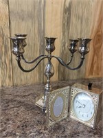 Silver or Silverplate Candelabra and Silver Clock