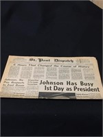 Vintage Newspaper "Johnson Has busy First Day"