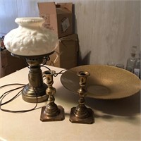 Brass Candle Stick Holders, Lamp & Bowl