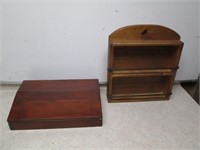 Vtg Wooden Desk/Inkwell Cabinet & Wall Shelving