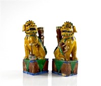 PAIR OF WUCAI FU LION PORCELAIN CANDLE HOLDERS