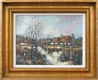 Original Cottage Scene Oil Painting in Wood Frame