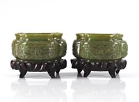 PAIR OF GREEN JADE CARVED BRUSH WASHERS