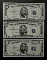 3  1953 $5 Silver Certificates  CU