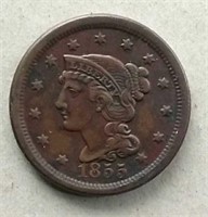 1855 Upright 5  Braided Hair Large Cent  XF+