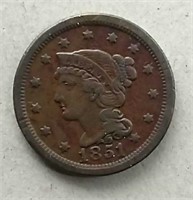 1851 Braided Hair Large Cent  VF+