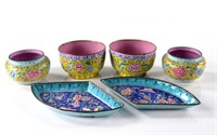 SIX CHINESE CANTON ENAMEL CUPS AND DISHES
