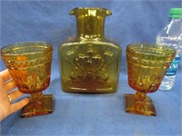 tiara glass carafe & 2 amber stemmed goblets