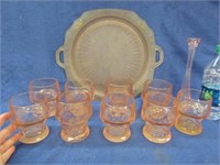 pink depression round platter -9 tumblers -vase
