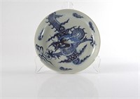 CHINESE RED, BLUE & WHITE PORCELAIN PLATE