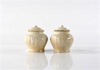 PAIR OF YINGQING GLAZED POTTERY COVERED JARS