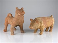TWO CHINESE HAN POTTERY ANIMAL SCULPTURES
