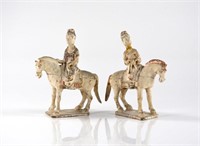 TWO TANG DYNASTY POTTERY FEMALE HORSE RIDERS
