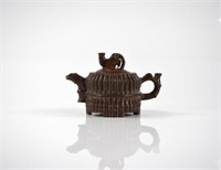 CHINESE STONE CARVED BAMBOO BASKET FORM TEAPOT