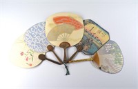 FIVE JAPANESE PAPER FANS WITH WOODEN HANDLES