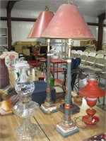 2 Green Lamps with red shades