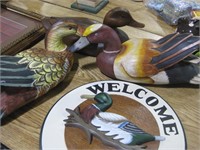 3 hand painted Duck Decoys  & 1 duck wall hanging