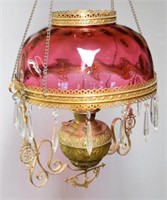 VICTORIAN HANGING LAMP WITH CRANBERRY SHADE