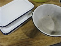 3 piece set of White enamel ware & an extra lid