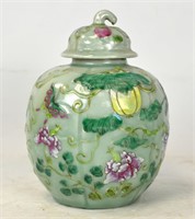 Chinese Celadon Covered Jar w Flowers